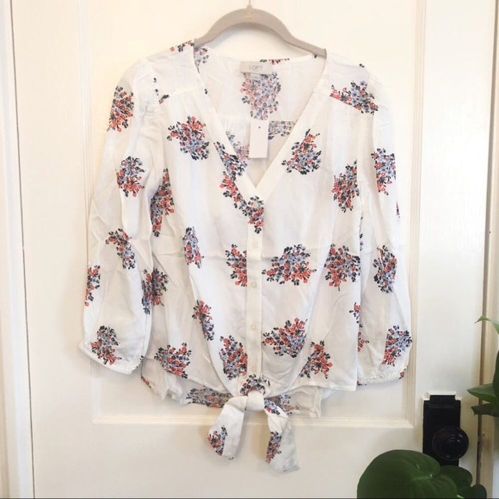 LOFT White Floral Knot Front Shirt
